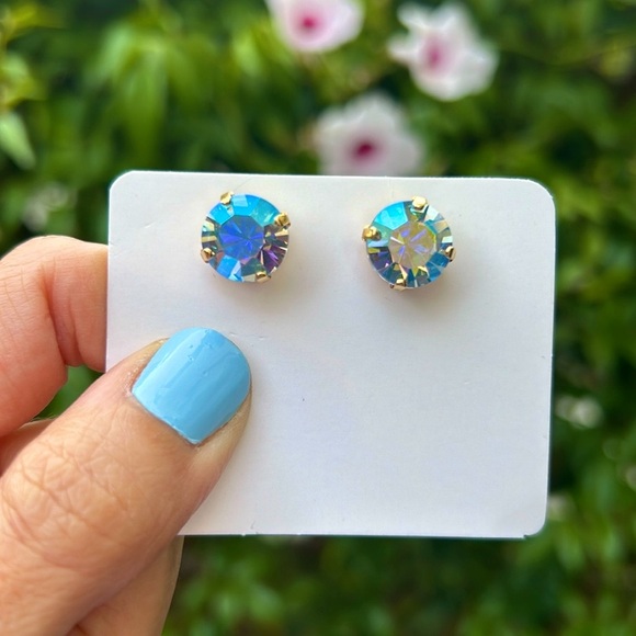 Iridescent Blue + Gold Crystal Earrings - Picture 6 of 16